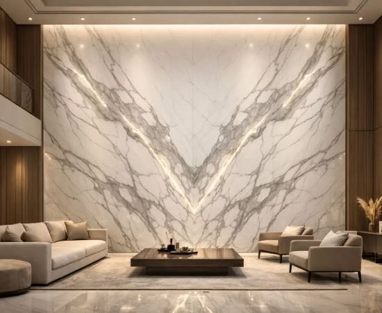 Thi công đá marble ốp vách phòng khách biệt thự cao cấp